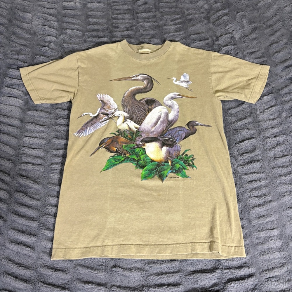 Vintage Habitat Bird Graphic T-Shirt Tan Single Stitch Nature Heron Egret 2000
